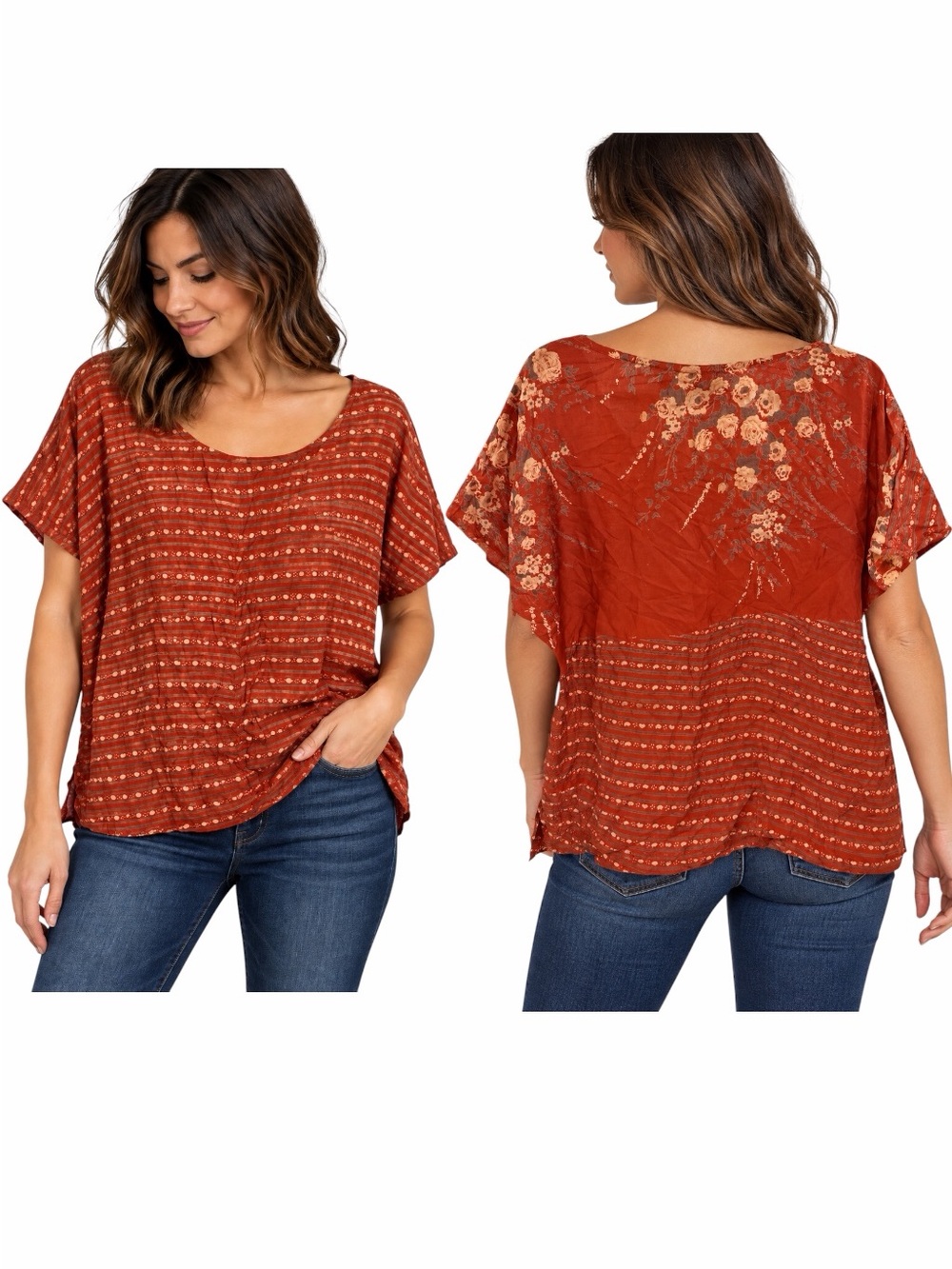 Select Vintage Silk Cotton Rust Floral-Panel Scoop Neck Women’s Top Size 3X Boho